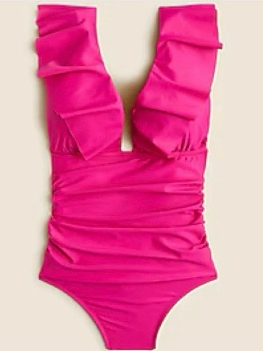 J. Crew Ladies Size 6 Ruched Ruffle One-Piece Swimsuit Fuschia Pink Deep V NWT